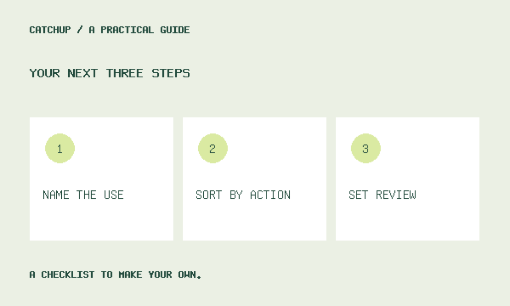NAME THE USE, SORT BY ACTION, SET REVIEW: an illustrated checklist for this guide